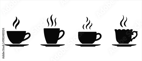 Minimalist coffee cup silhouettes with steam, set of 4 black tea cup icons on saucers, hot beverage vector elements for cafe menus and branding
