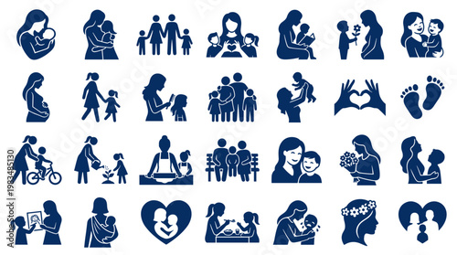 Collection of mother and child icons representing family love care and parenting diverse scenes of motherhood and childhood bonding