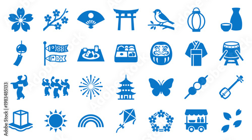 Collection of Japanese cultural icons and symbols in blue silhouette on white background for travel and design