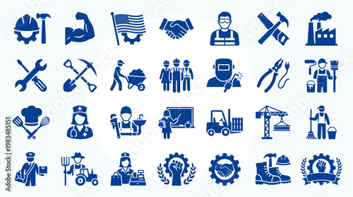 Diverse professions and occupations represented by blue icons on a white background, symbolizing labor and industry.