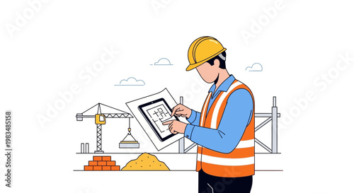 Construction worker with tablet and blueprint on site, cranes and building materials.