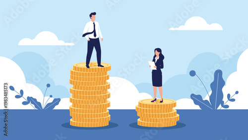 Gender pay gap concept illustrated by a businessman standing on a much taller stack of coins than a businesswoman in a corporate setting.