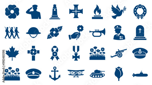 Remembrance Day Icons Collection Symbolizing Peace Sacrifice and Veterans Military Symbols for Memorial Day and Anzac Day