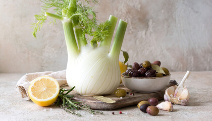 Vibrant Mediterranean still life featuring fresh fennel, olives, lemon, and garlic on a rustic surface. Perfect for healthy recipe blogs, organic food branding, and culinary lifestyle content.