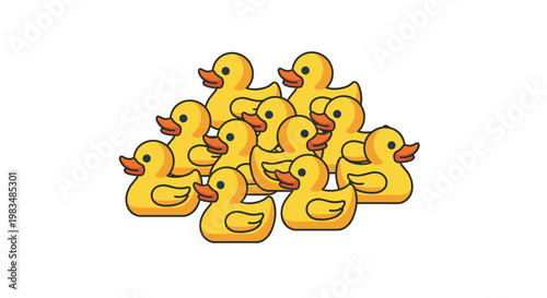 Playful illustration of a large pile of classic yellow rubber ducks with bright orange beaks and black eyes clustered together on a clean white background.