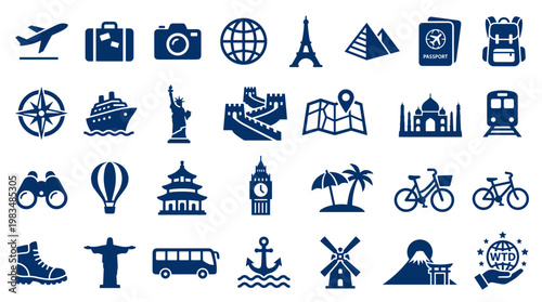 Collection of travel and tourism icons representing global destinations landmarks transportation and adventure activities for vacation planning and exploration
