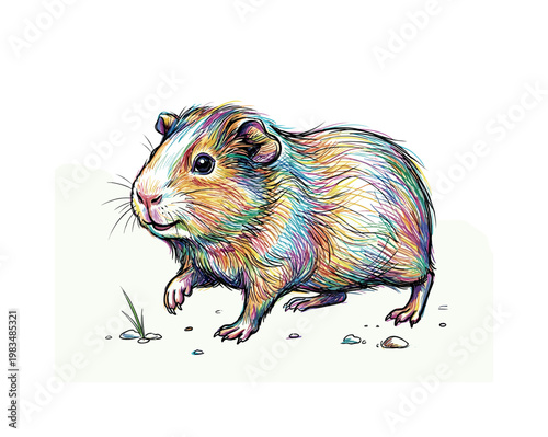 Walking guinea pig in three-quarter view with one paw lifted and gentle motion emphasized through rounded body lines and soft fur