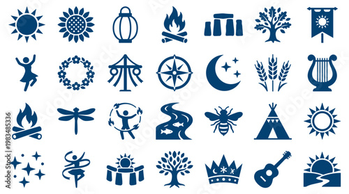 Collection of blue icons representing nature, culture, and lifestyle elements on a white background