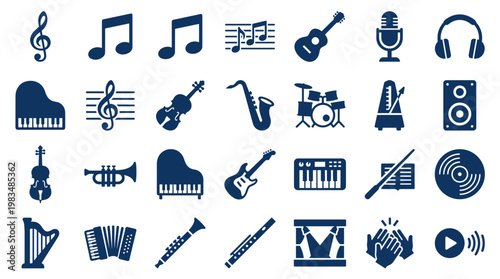 Collection of musical instruments and symbols icons representing music creation and performance in a modern graphic style