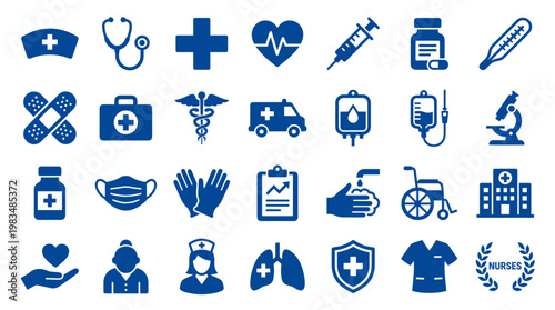 Collection of blue medical icons representing healthcare services equipment and symbols for medical professionals and hospitals