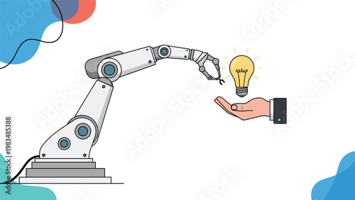 Collaboration between artificial intelligence and human creativity shown by a robot arm and a human hand together holding a glowing lightbulb.