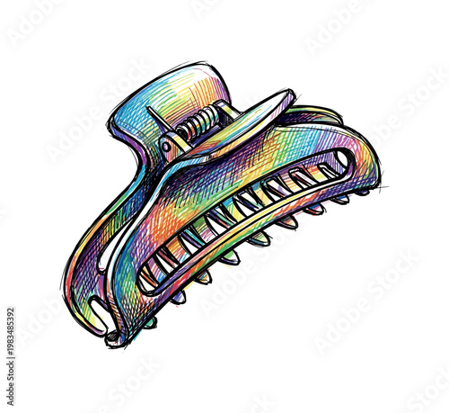 Hair clip with curved form and interlocking teeth forming simple styling accessory with functional design in expressive vibrant