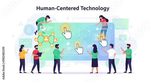Illustration of human-centered technology with people interacting and digital icons.