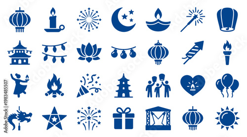 Collection of blue icons representing celebrations holidays and cultural symbols like lanterns fireworks and traditional architecture