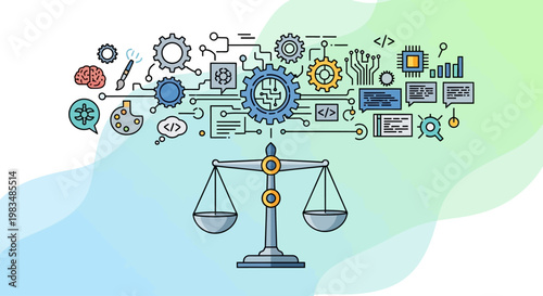Conceptual illustration of justice and law with scales and technology icons.