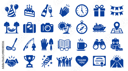 Collection of blue icons representing leisure activities hobbies celebrations travel and achievements on a white background