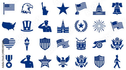 Collection of American patriotic symbols and icons representing USA national pride holidays and freedom concept