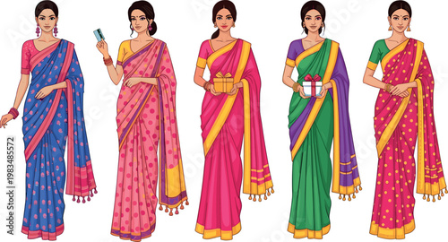 Indian women in colorful saree collection isolated on white background, traditional ethnic outfits with accessories for festival and celebration vector illustration