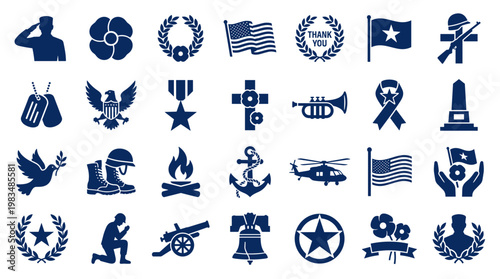 Collection of patriotic symbols and icons representing military service remembrance and national pride in blue silhouette against a white background