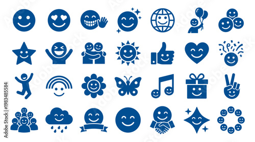 Collection of happy and positive emotion icons representing joy, success, friendship, and celebration with diverse symbols like smiley faces, hearts, stars, and thumbs up.