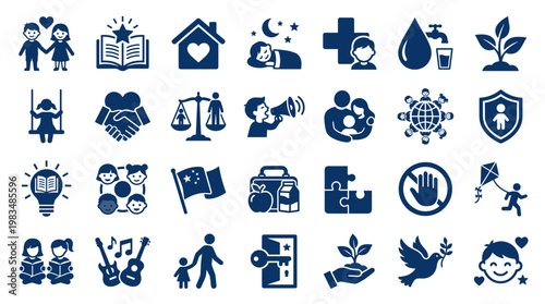 Collection of diverse icons representing human rights, education, health, family, and social well-being concepts on a white background