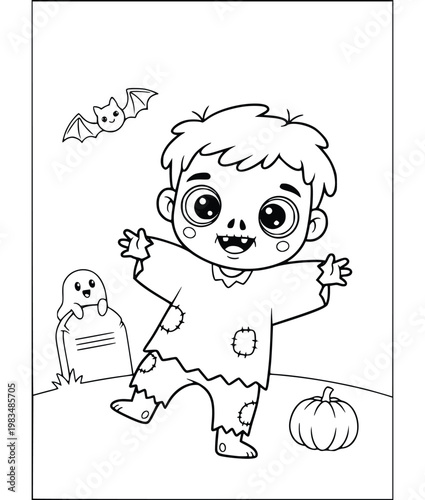 Halloween coloring page of a cute zombie with exposed brains and a moon