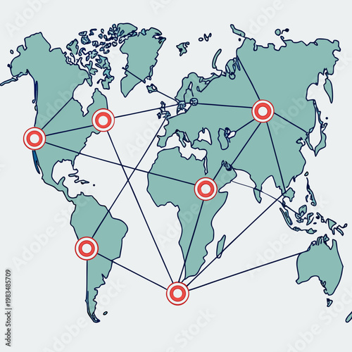 Global distribution network world map graphic with red target location icons and interconnected communication lines for logistics and business reach distribution logistics connection locations