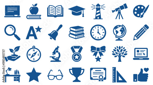 Collection of education and learning icons representing knowledge, science, and school subjects, perfect for academic and research themes