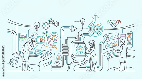 Medical innovation concept scene in strict curved minimal line logic,  thumbnail readability test, balanced - medical, innovation, concept, scene, strict, curved, line, logic