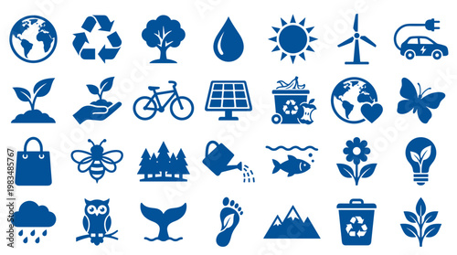 Collection of blue environmental icons representing nature conservation sustainability and eco friendly concepts for a green planet
