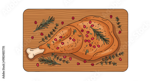 A perfectly seasoned roasted chicken leg and breast lie on a rustic wooden cutting board adorned with fresh aromatic thyme and scattered pomegranate seeds.