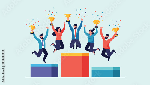 Joyful group of business people jumping on a winner podium celebrating their success with golden trophies and confetti.