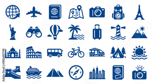 Collection of travel and tourism icons representing global adventures landmarks transportation and vacation activities