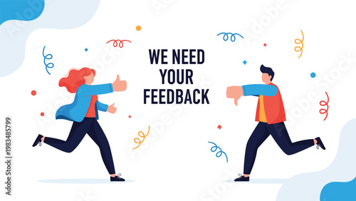 Customers giving thumbs up and thumbs down ratings to express satisfaction and dissatisfaction in a feedback concept.