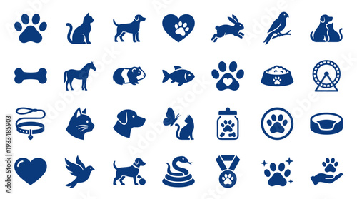 Collection of diverse animal icons and symbols representing pets and wildlife including paw prints hearts and various animal silhouettes for veterinary or pet care concepts