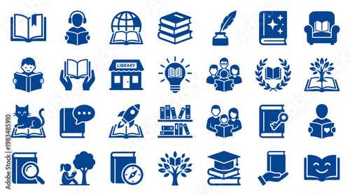 Collection of blue book and reading icons representing education knowledge learning and literature diversity
