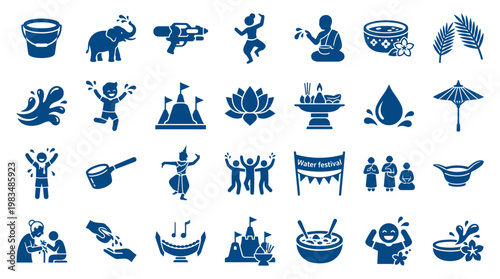 Thai Songkran Water Festival Icons Set Featuring Elephants Buckets Water Guns Dancers Monks Lotuses and Celebration Symbols