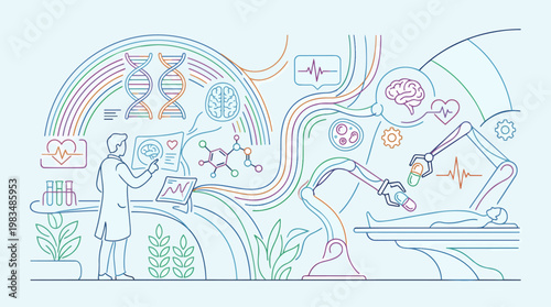 Medical innovation concept scene in strict curved minimal line logic,  thumbnail readability test, open - medical, innovation, concept, scene, strict, curved, line, logic