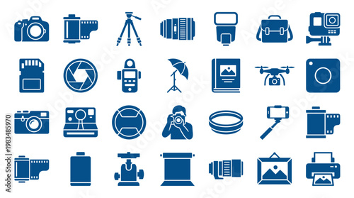 Collection of photography equipment icons and symbols representing cameras lenses tripods and accessories for creative professionals and hobbyists