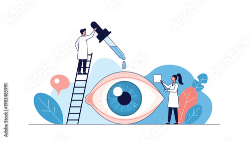 Medical professionals using a large dropper to provide treatment to a giant blue eye in ophthalmology healthcare concept.