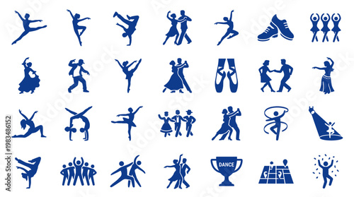 Diverse collection of dance icons and silhouettes representing various dance styles and movements in blue on a white background