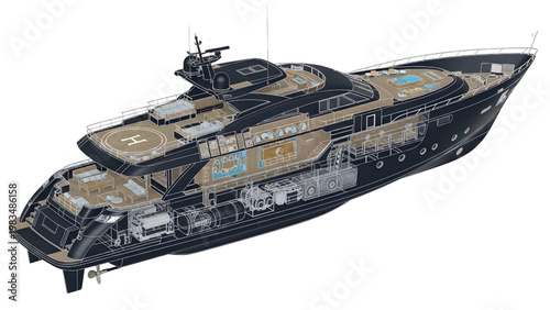 Luxury Motor Yacht CAD Schematic – Deck Plan and Engine Layout Blueprint Style Technical Drawing on White Background