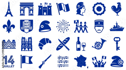 Collection of French National Day Icons Celebrating Bastille Day with Symbols of Paris Culture and Patriotism