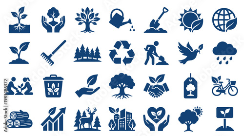 Collection of environmental icons representing nature conservation, recycling, sustainable living, and eco-friendly practices for a greener planet