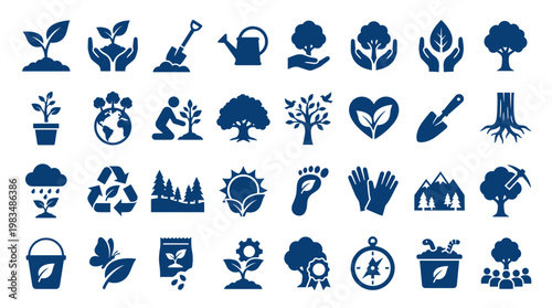 Collection of nature and environment icons representing growth sustainability conservation and ecology concepts with plants trees and human care symbols