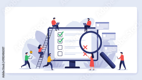 Team of small people working on a giant computer monitor displaying a checklist with green ticks and red crosses using a magnifying glass.