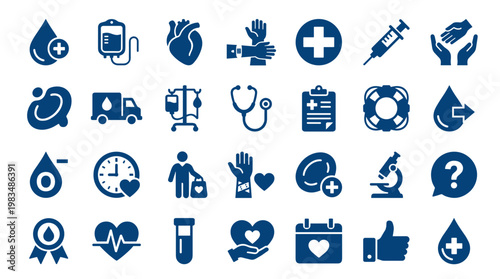 Collection of medical and healthcare icons representing donation blood transfusion and research symbols in a clean blue design