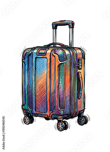 Hard shell suitcase with telescopic handle and spinner wheels forming durable travel luggage object with structured geometry in