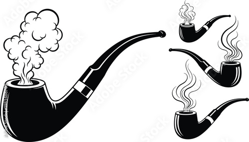 Smoking Pipe Icon Set with Smoke Effects in Outline and Solid Styles for Tobacco Concept, Vintage Accessories, and Classic Lifestyle Design