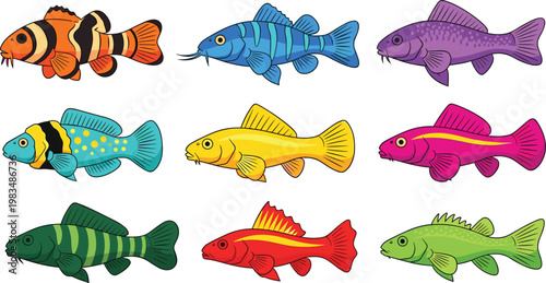 Colorful Fish Vector Set Featuring Species Like Clownfish, Guppy, and Platies for Aquarium and Marine Life Illustrations